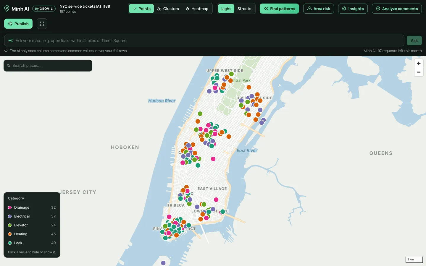 Minh AI map in Excel: 187 service tickets in Manhattan, colored by category